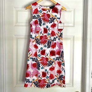 LAUNDRY FLORAL SHIFT DRESS WITH POM POM HEM